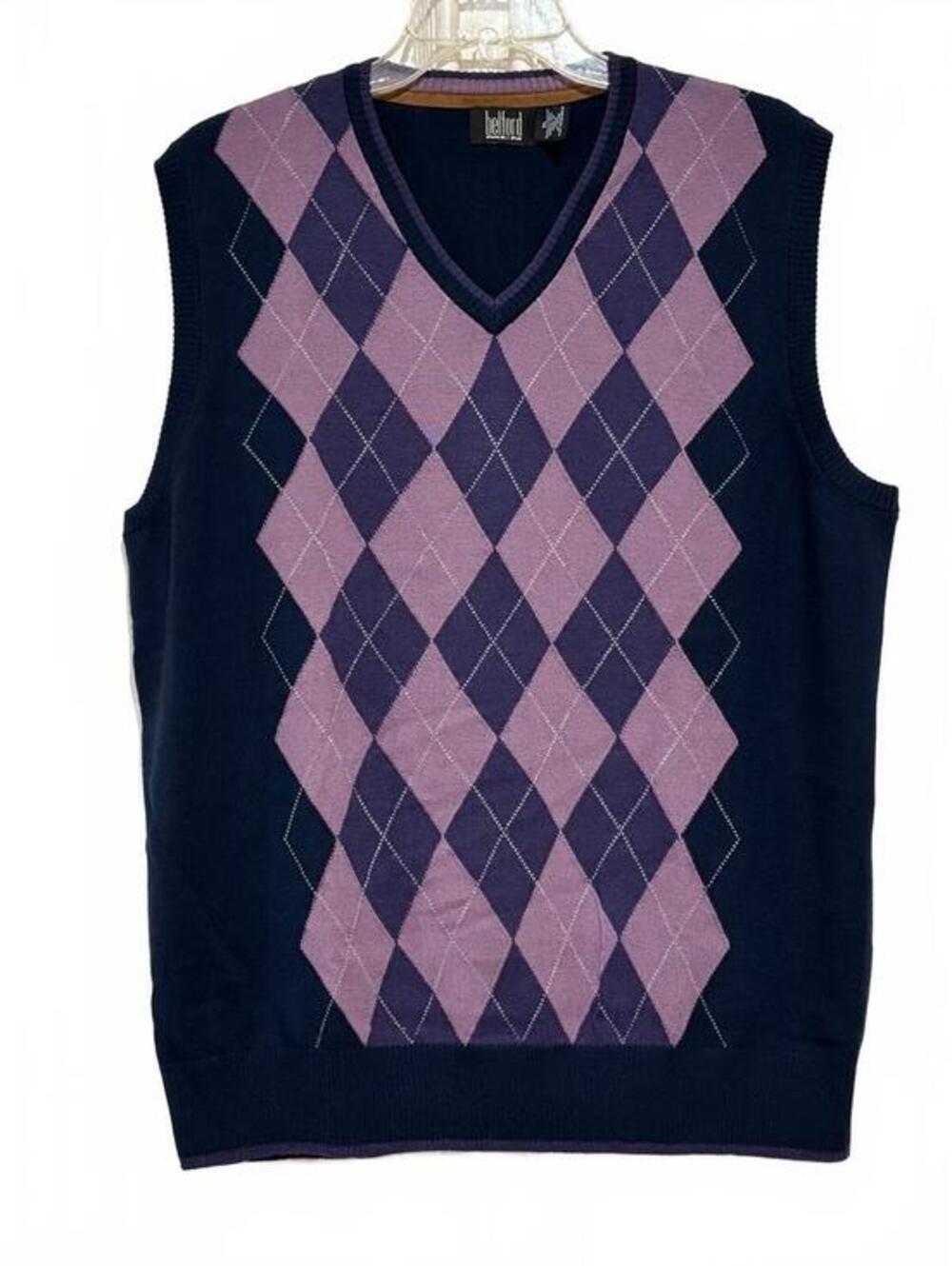 Belford Men's XL Argyle Sweater Vest Navy Purple 100% Extra Fine Merino Wool